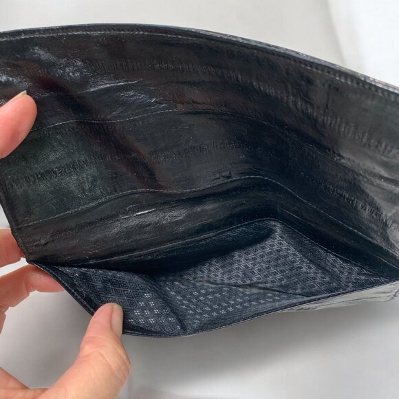 Vintage Eelskin Leather Checkbook Cover Black Slim Bifold Design - Picture 4 of 8